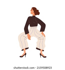 Funny woman in crazy strange comic position. Happy smiling laughing girl standing in fun pose. Amusing weird mad joyful person fooling around. Flat vector illustration isolated on white background