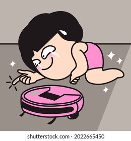 Funny Woman With Dust On Her Finger Taken From A Robot Vacuum-Mop That Mops And Sweeps Her Cleaning Floors Concept Card Character illustration
