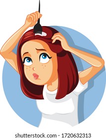 Funny Woman Dying Her Hair At Home Vector. Girl Trying To Color Her Hair At Home In Do It Yourself Process
