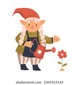 Funny Woman Gnome Character with Braids Watering Plant with Can Vector Illustration