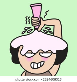 Funny Woman Hands Holding Skin Care Cream Or Lotion Tube And Pouring Into Her Head For Best And Quick Results Concept Card Character illustration