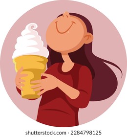 
Funny Woman Holding a Huge Ice Cream Dessert Vector Cartoon. Cheerful person holding a sundae dessert during summertime
