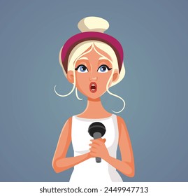 
Funny Woman Holding a Microphone Singing a Song vector Illustration. Skillful talented singer performing on stage for a concert 
