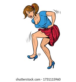 Funny woman kicks. Pop art retro vector illustration 50s 60s style