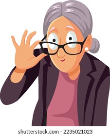 
Funny Woman Looking Over her Glasses Vector Cartoon Illustration. Curious grandma snooping and peeking with her eyeglasses
