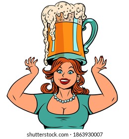 Funny woman with a mug of beer. comic cartoon retro style drawing