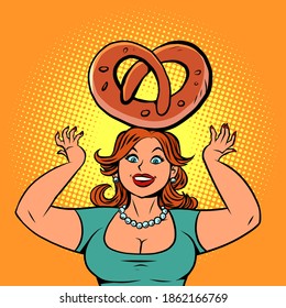 Funny woman pastry chef with pretzel. comic cartoon retro style drawing