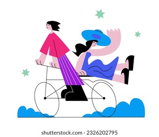 Funny woman riding bike, carries friend, spending time outside. Usage of green vehicles, eco transport. Modern vehicle rental services. Vector illustration in pink and purple colors