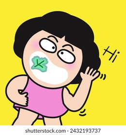 Funny Woman Say Hi With Food On Teeth. Social Cilantro Coriande Smile Concept Card Character illustration
