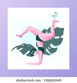 Funny woman in scorpion pose with a seagull on her foot. Modern vector flat active female character.