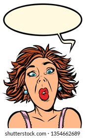 Funny woman screams, strange facial expressions. Comic cartoon pop art vector retro vintage drawing