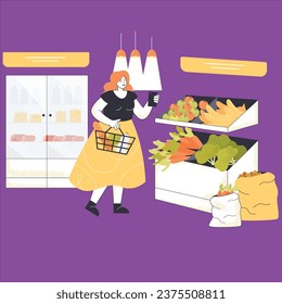 funny woman with shopping basket choosing fruits vegetables shelves grocery store vector design illustration