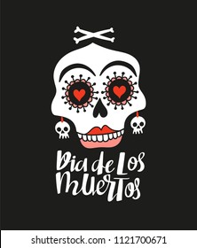 Funny woman skull and text. Vector holiday illustration for Day of the dead or Halloween. Hand drawn card or print design - Dia de los muertos.