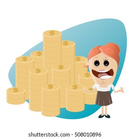 mujer divertida con montón de dinero