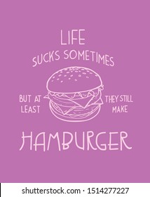 Funny woman t-shirt print with hamburger illustration.