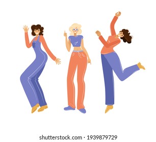 Funny women dancing and jumping on a white background. A party. Vector illustration.