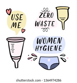 Funny women hygiene objects with speech bubbles. Hand lettering, hand drawn illustration with design elements.