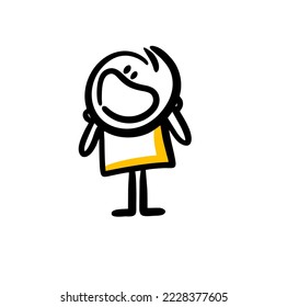 Funny wondering little boy looking with open mouth above in the sky. Vector illustration of doodle stickman character.