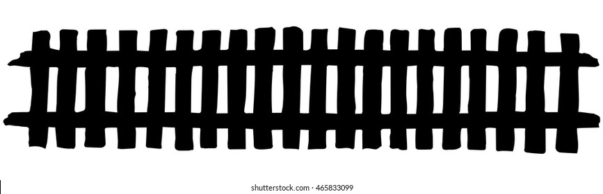 Funny wooden fence from flat slats, painted with white paint, enclosing garden with lush grass. Freehand black ink drawn backdrop sketchy in engraving style of pen on paper with space for text