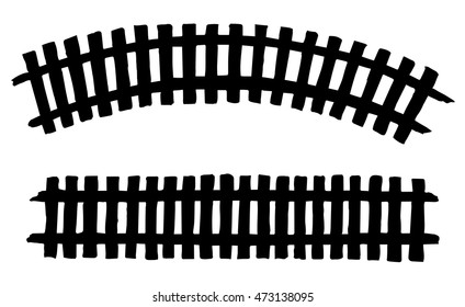 Funny wooden fence from flat slats, painted with white paint, enclosing garden with lush grass. Freehand black ink drawn backdrop sketchy in engraving style of pen on paper with space for text