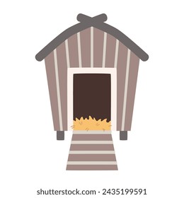 funny wooden hen house in cartoon style, chicken coop isolated on white background, flat vector illustration