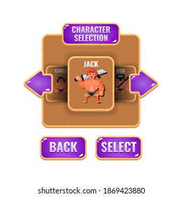 funny wooden jelly game ui character selection pop up interface for gui asset elements vector illustration