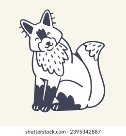 Funny woodland animal, happy wild fox sits. Sly forest character smiles. Outline kind fluffy foxy pup. Cute cunning wood predator childish sketch. Flat handwriting isolated vector illustration