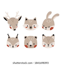 Funny woodland animals set. Cute cartoon deer, fox, bunny, squirrel, bear and wolf faces. Nursery prints with animals. Vector animals set
