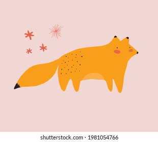 Funny Woodland Vector Illustration with Lovely Fox. Cute Orange Fox and Red Stars isolated on a Pastel Pink Background. Childish Style Nursery Art ideal for Card, Wall Art, Poster, Decoration.
