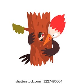 Funny woodpecker sitting on a tree and looking at a worm, cute bird cartoon character vector Illustration on a white background