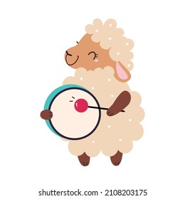 Funny Wooly Sheep Character Playing Drum Performing Concert Vector Illustration