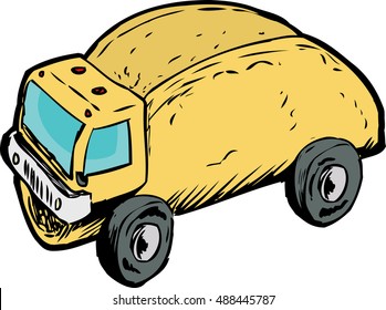 Funny wordplay of empty corn taco shell as dump truck over white background