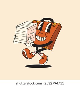 Funny work suitcase Office worker holding Stack of paper 80's groovy vector Illustration with isolated background. Retro vintage old Cartoon Style