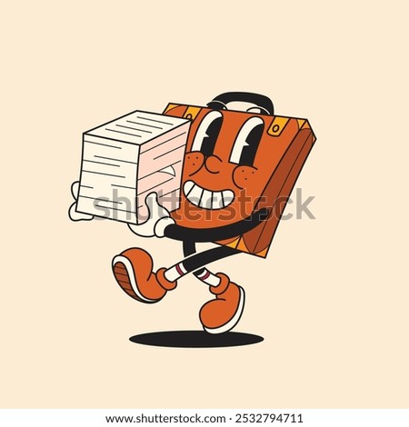 Funny work suitcase Office worker holding Stack of paper 80's groovy vector Illustration with isolated background. Retro vintage old Cartoon Style