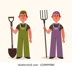 Funny Worker Holding Pitchfork and Shovel. Cartoon Style. Vector Illustration