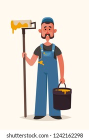 Funny Worker Holding Roller and Bucket of Paint. Cartoon Style. Vector Illustration