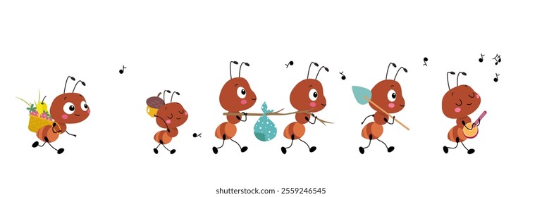 Funny working ants characters. Cartoon ant walk one after another and carry different objects. Work group process, insects work to music, vector isolated scene