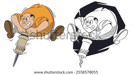 Funny working man with jackhammer. Illustration concept template for website, web landing page, banner, presentation, social, poster, promotion or print media.