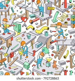 Funny Working People Seamless Cover Pattern. Funny Building Area. Background for "Under Construction" Theme. Colorful Doodles Vector Illustration