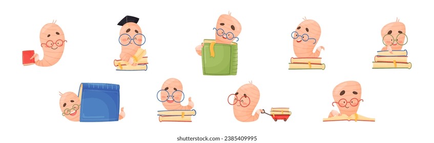Funny Worm Character Wearing Glasses with Books Vector Set
