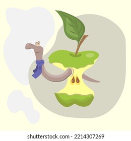 Funny worm in green apple bit with blue scarf. Cute cartoon design for cards, banners, polygraphy, clothes. Vector illustration.