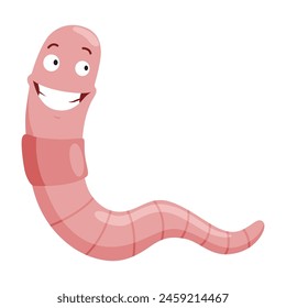 Funny worm laughs. Pink crawler amazemented. Earth worm cartoon character, wildlife nature. Insect for kids illustration