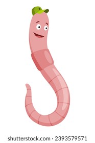 Funny worm. Pink crawler amazemented in cap. Earth worm cartoon character, wildlife nature. Insect for kids illustration