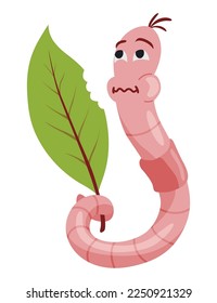 Funny worm. Pink crawler pensive. Earth worm cartoon character, wildlife nature. Insect for kids illustration