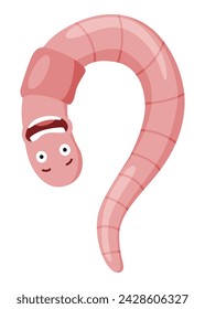 Funny worm. Pink crawler scared. Earth worm cartoon character, wildlife nature. Insect for kids illustration