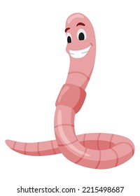 Funny worm. Pink happy crawler creeps and smiles. Earth worm cartoon character, wildlife nature. Insect for kids illustration