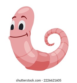 Funny worm. Pink happy crawler creeps and smiles. Earth worm cartoon character, wildlife nature. Insect for kids illustration