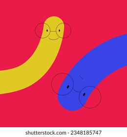 Funny Worm Smiling Character in Glasses from Corner Looking Vector Illustration. Bright Cute Crawling Insect Concept