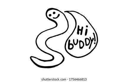 Gusano gracioso con burbuja de habla. Ilustración de carácter vector dibujada a mano. Dibujo del doodle de contorno