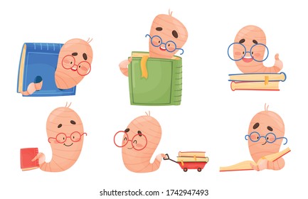 Funny Worm Wearing Glasses Carrying Books and Reading Vector Set